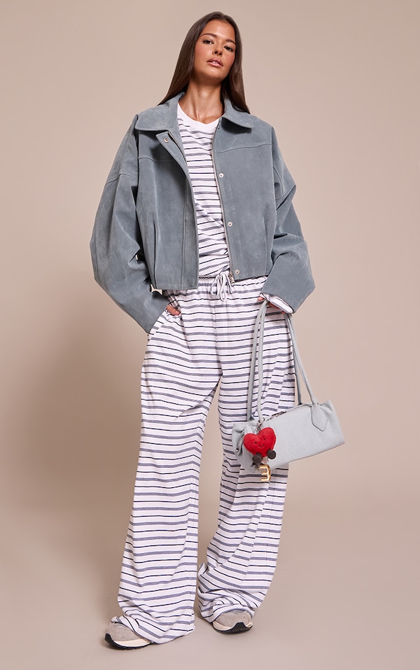 Dusty Bleu Faux Suede Covered Placket Bomber Veste