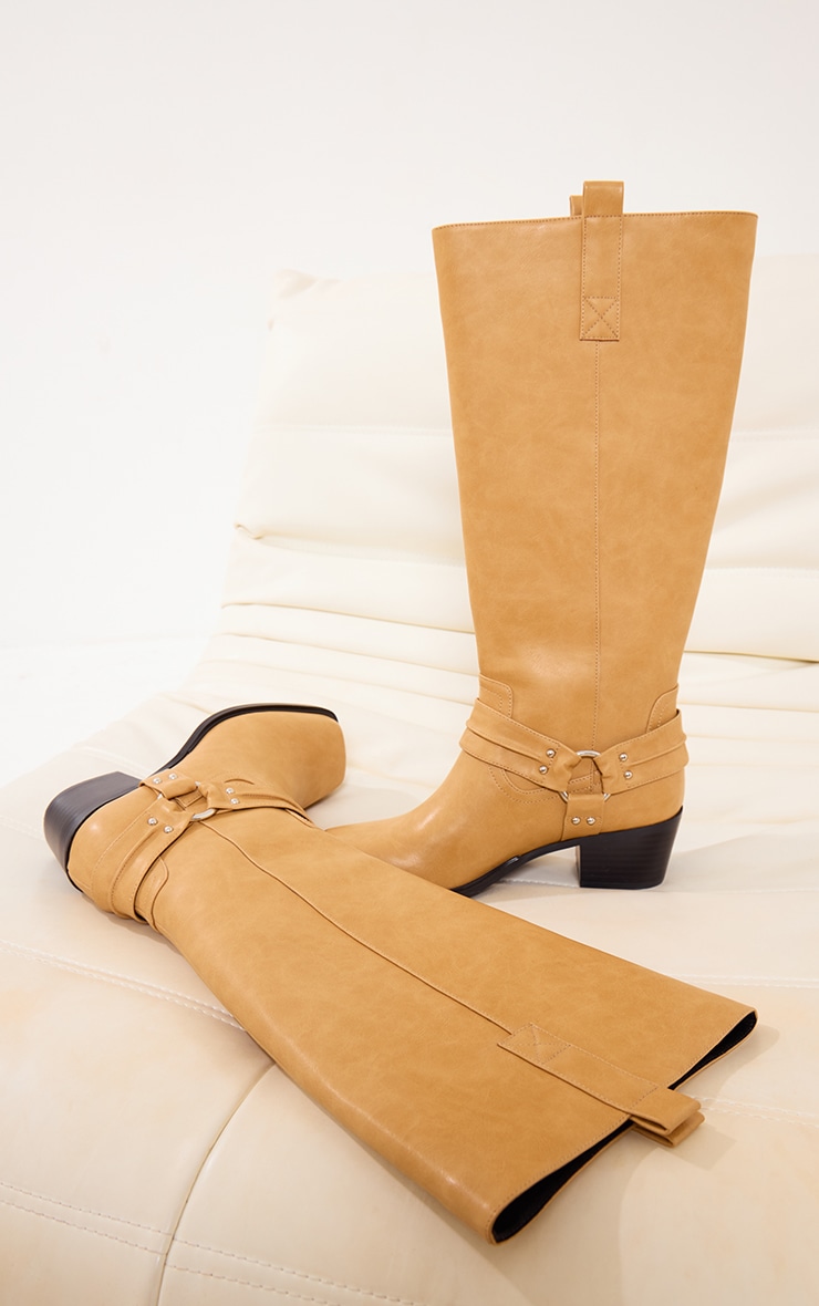 Camel Pu Square Toe Buckle Detail Knee High Boots image 4