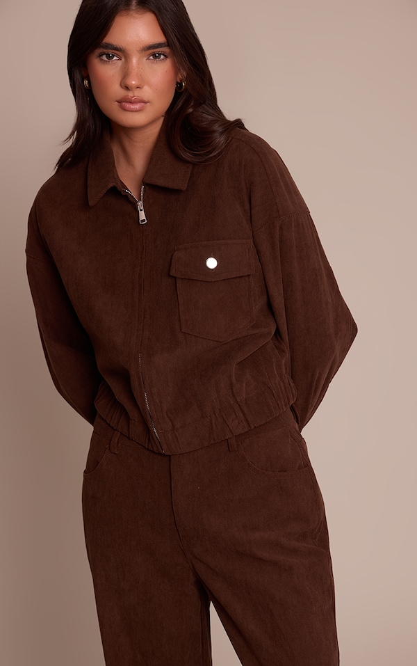 Dark Brown Cord Cropped Zip Jacket