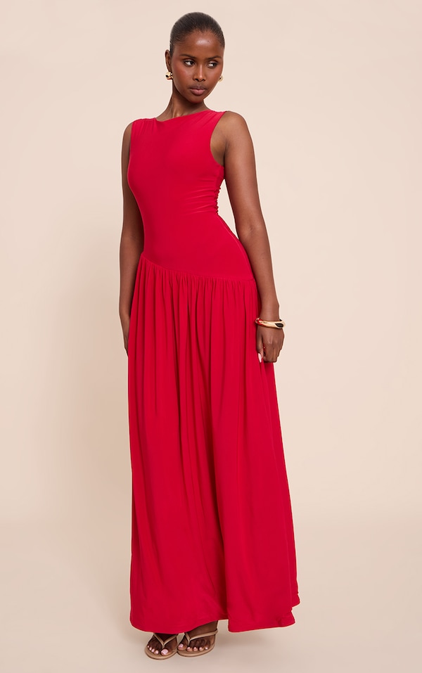 Red Double Layer Soft Touch Asymmetric Dropped Waist Maxi Dress