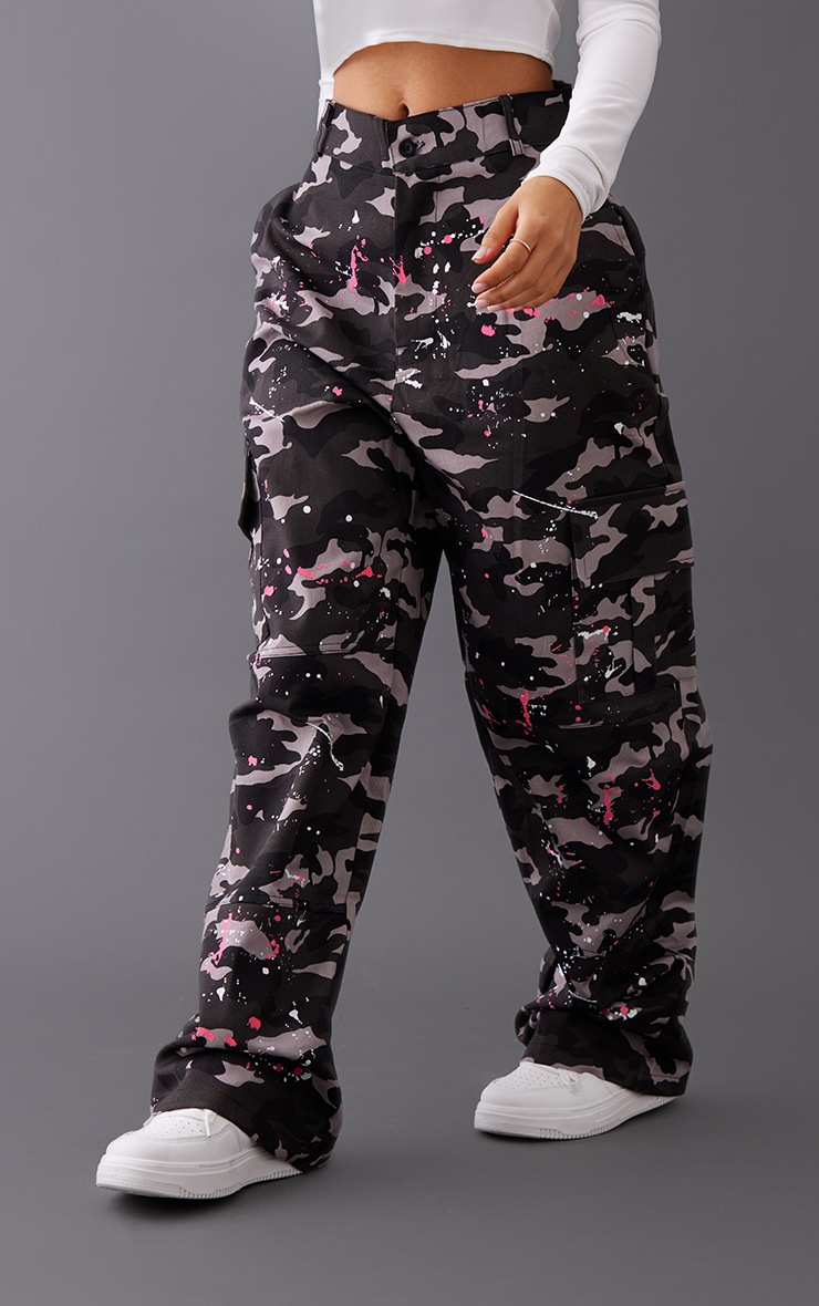 Petite Grey Camo Paint Splatter Cargo Pants PrettyLittleThing KSA
