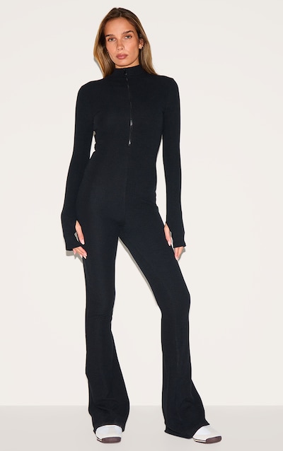 Black Thumbhole Zip Detail Rib Jumpsuit