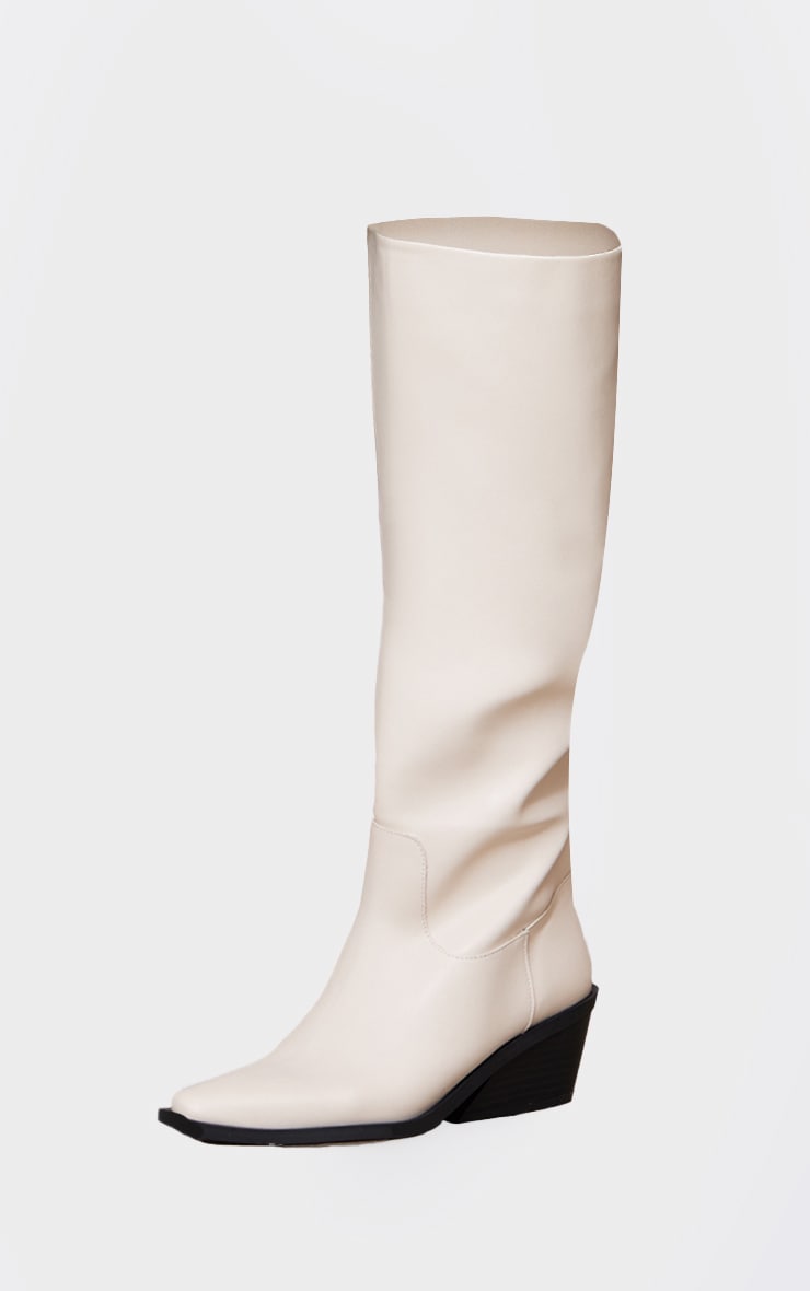 Cream PU Point Toe Black Heel Western Boots image 4