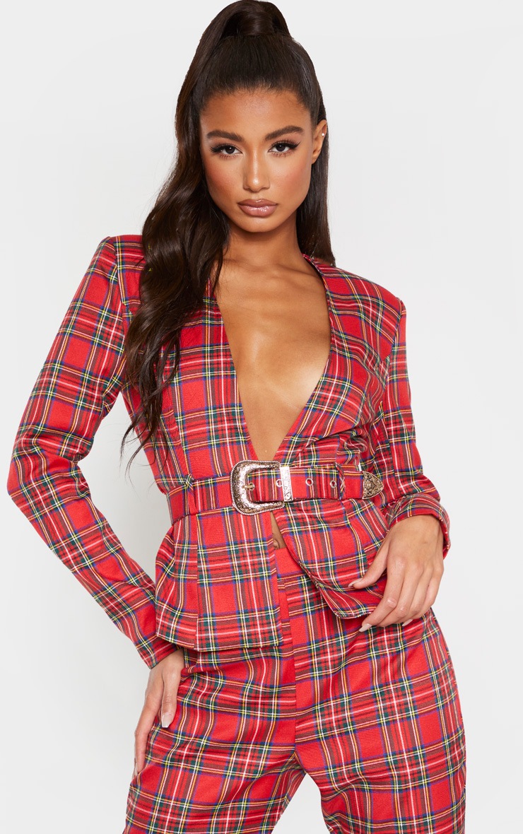 Blazer rouge imprimé tartan à détail ceinture boucle