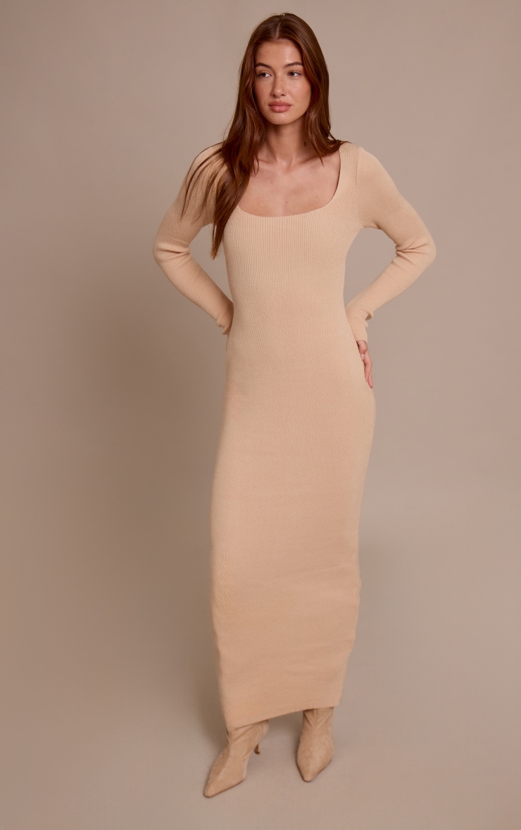 Oatmeal Square Neck Knitted Maxi Dress image 3