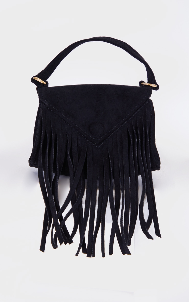 Black Faux Suede Fringe Mini Bag PrettyLittleThing QA
