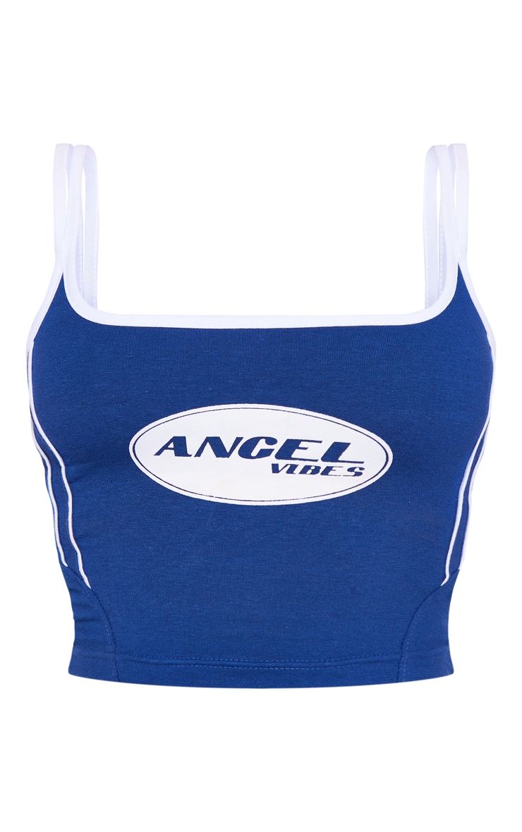 Crop top bleu marine à slogan "Angel" imprimé et doubles bretelles image 5