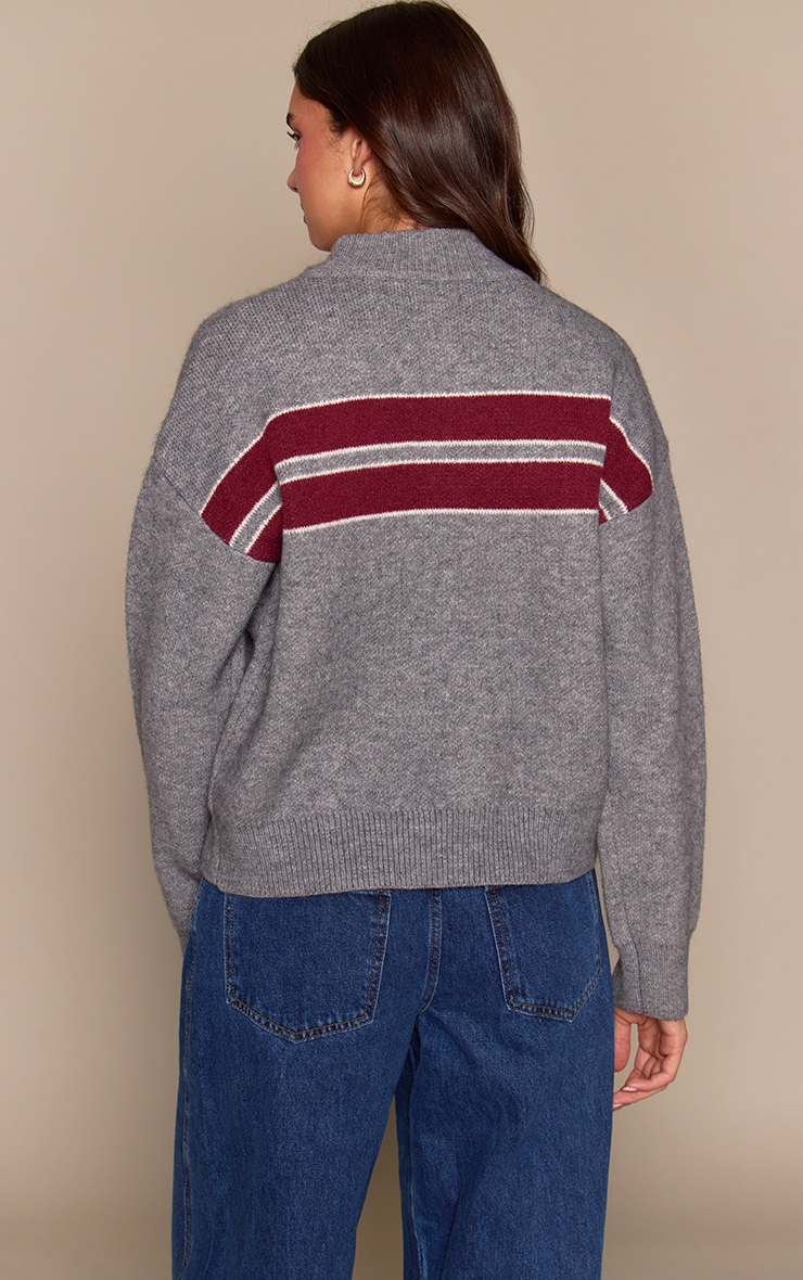 Grey Striped Knitted Sporty Jumper image 2