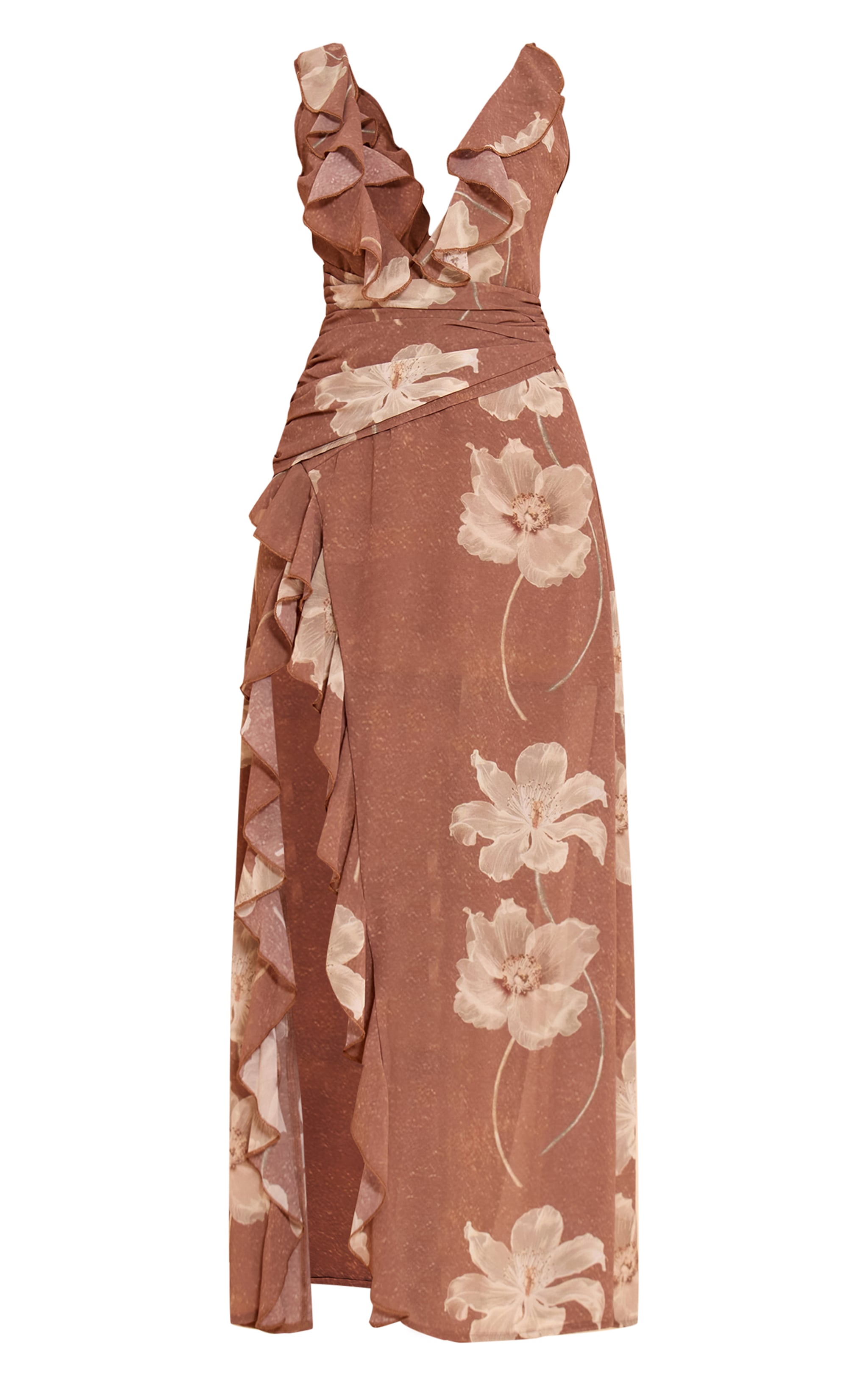 Taupe Floral Chiffon Frill Plunge Strappy Maxi Dress image 5