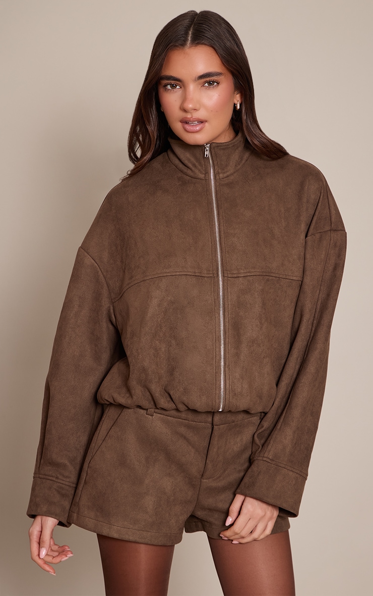 Chocolate Faux Suede Funnel Neck Zip Up Jacket