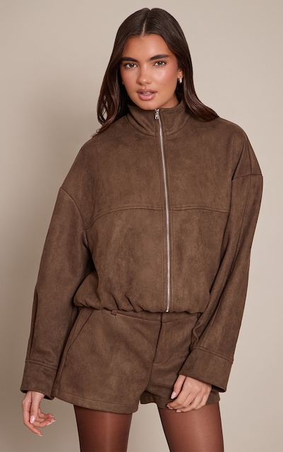 Chocolate Faux Suede Funnel Neck Zip Up Jacket