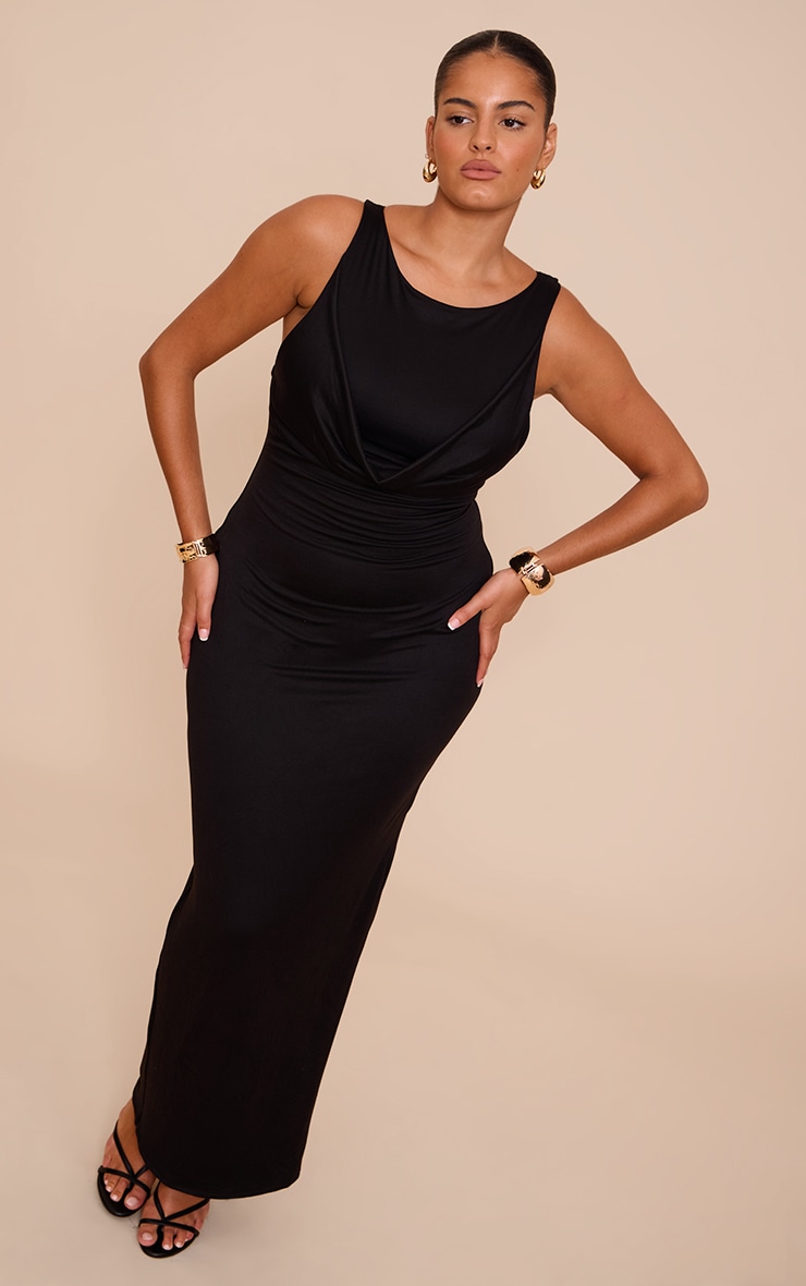 Plus Robe longue doublée noire à buste drapé et contours image 1