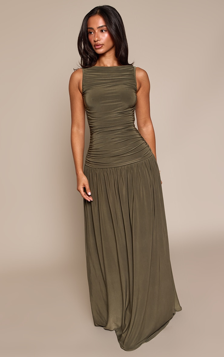 Petite Khaki Ruched Flowy Slinky Maxi Dress image 1