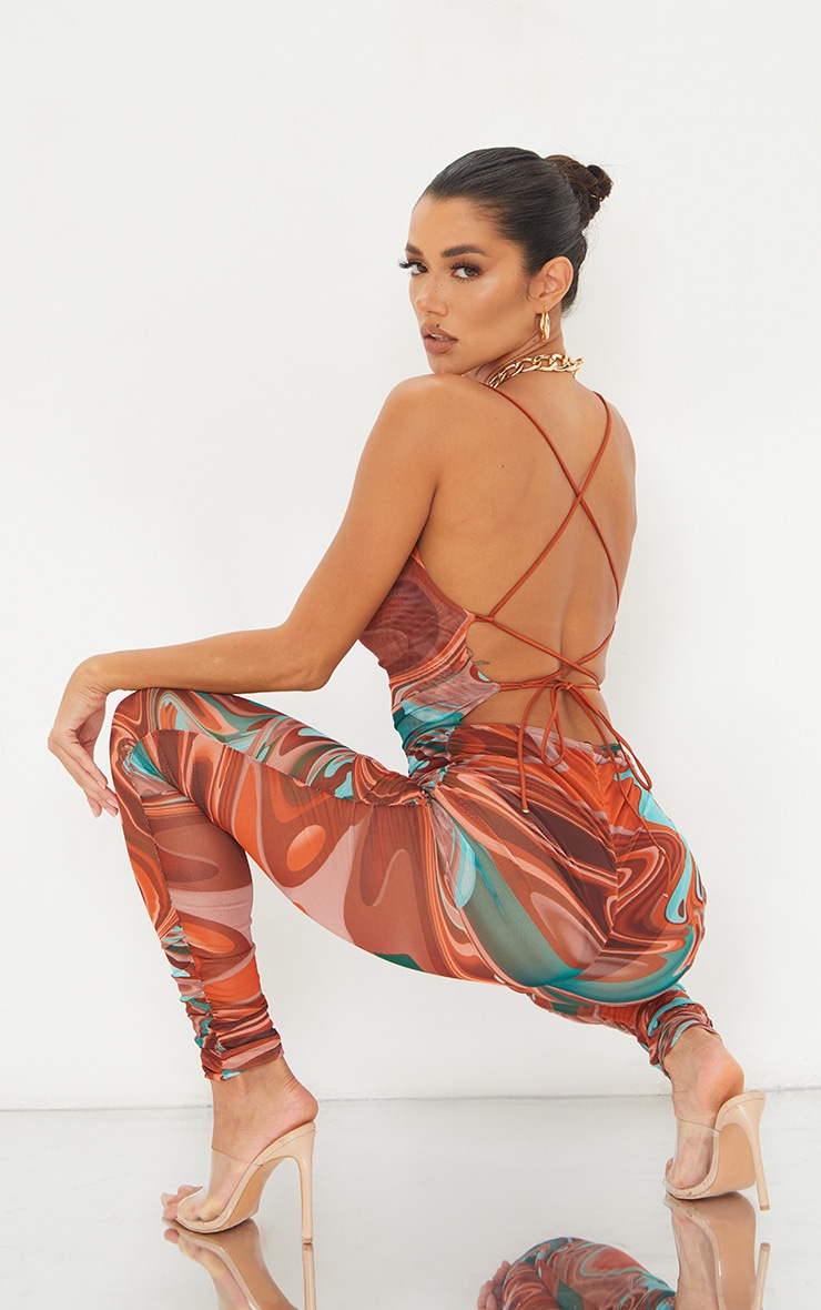Chocolate Marble Print Strappy Lace Up Mesh Jumpsuit image 1