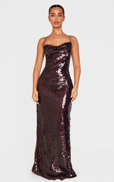 Petite Chocolate Cross Over Strap Sequin Maxi Dress