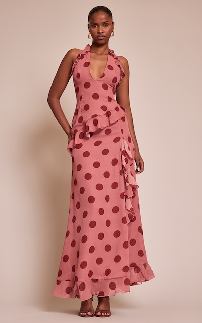 Light Pink Polka Dot Chiffon Frill Plunge Long Top