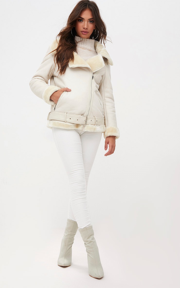 Cream Pu Aviator Jacket Coats & Jackets PrettyLittleThing