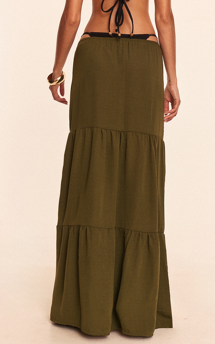 Khaki Linen Look Tiered Maxi Beach Skirt image 3