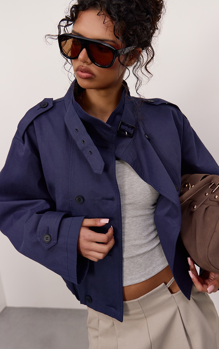 Navy Funnel Neck Balloon Hem Cropped Trench