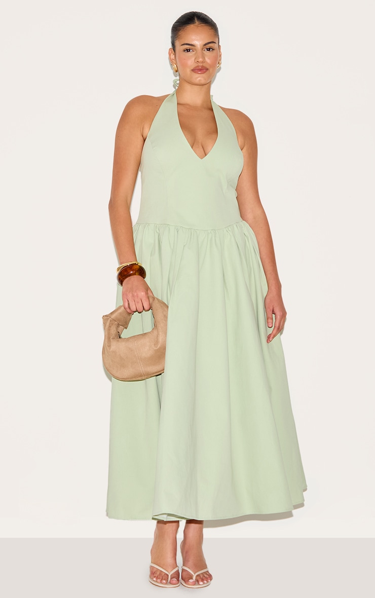 Plus Sage Green Halterneck Tie Detail Midaxi Dress image 1