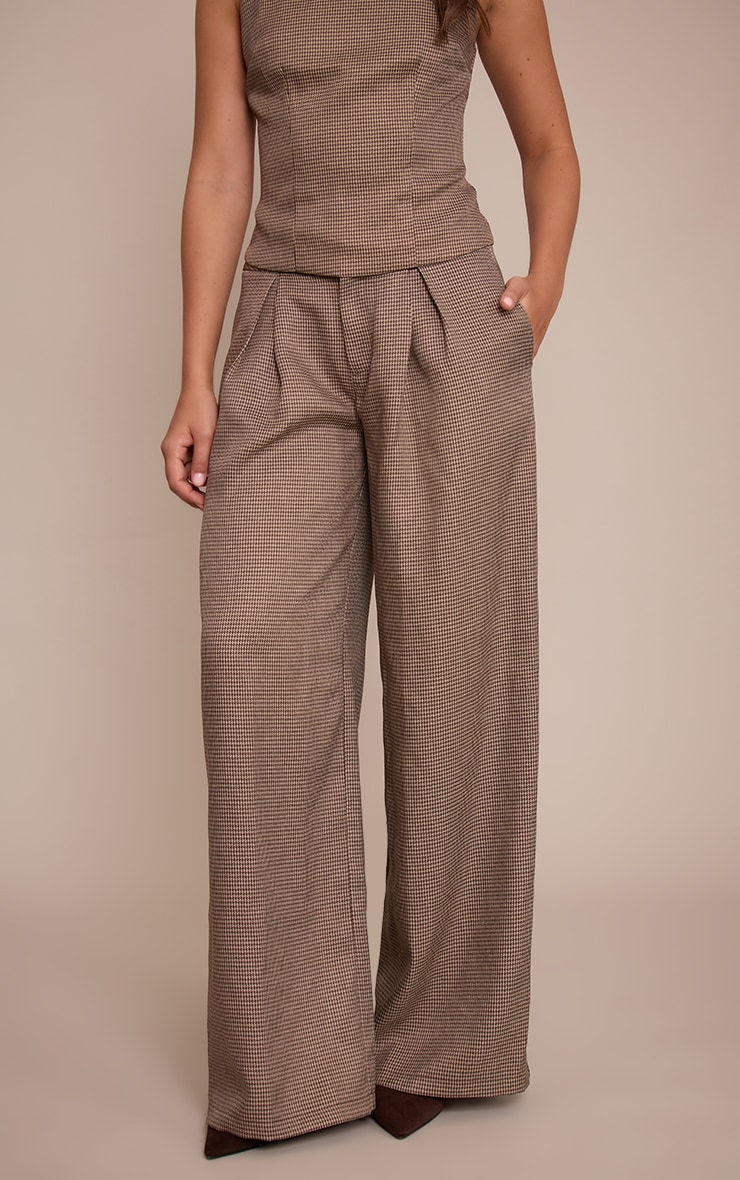 Brown Dogtooth Tailored Woven Wide Leg Pants image 2