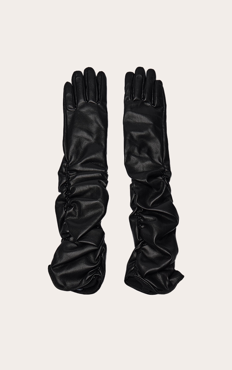 Black Faux Leather Long Ruched Gloves image 2