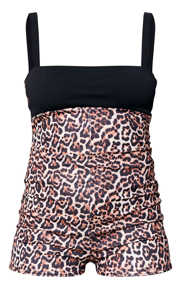 Brown Leopard Print Contrast Strappy Unitard image 5