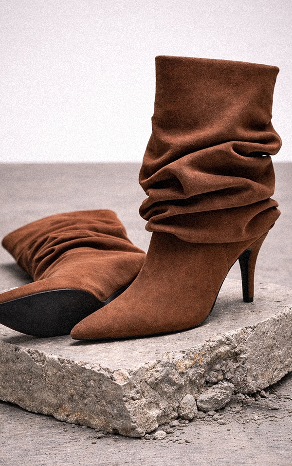 Chocolate Faux Suede Ruched Fold Over Ankle Boots