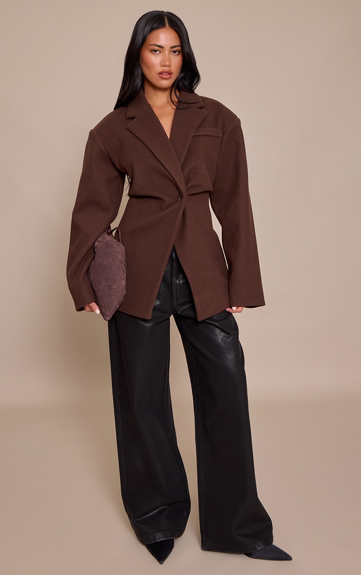 Chocolate Wool Look Cinched Blazer image 3