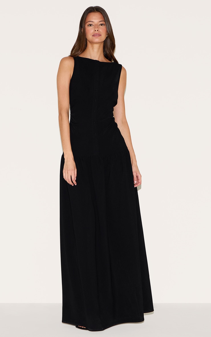 Robe longue tissée noire à boutons et taille tombante image 1