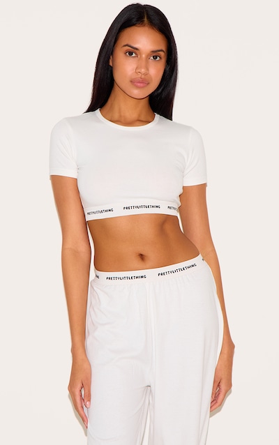 PRETTYLITTLETHING Cream Tape Short Sleeve PJ Top