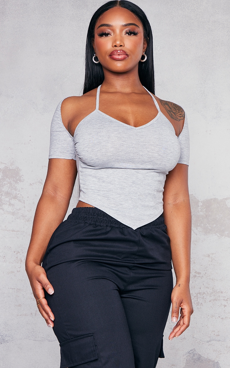 Shape Grey Marl Jersey Halterneck Short Sleeve Crop Top