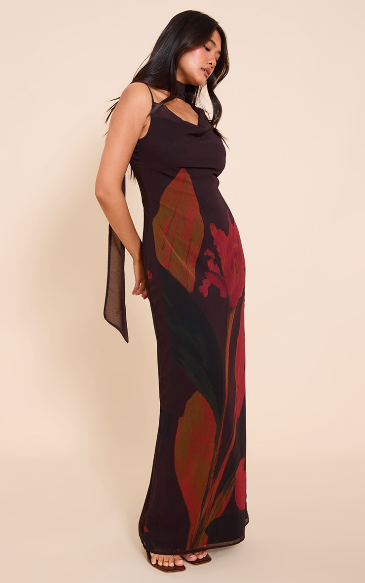 Black Floral Print Chiffon Scarf Maxi Dress image 1