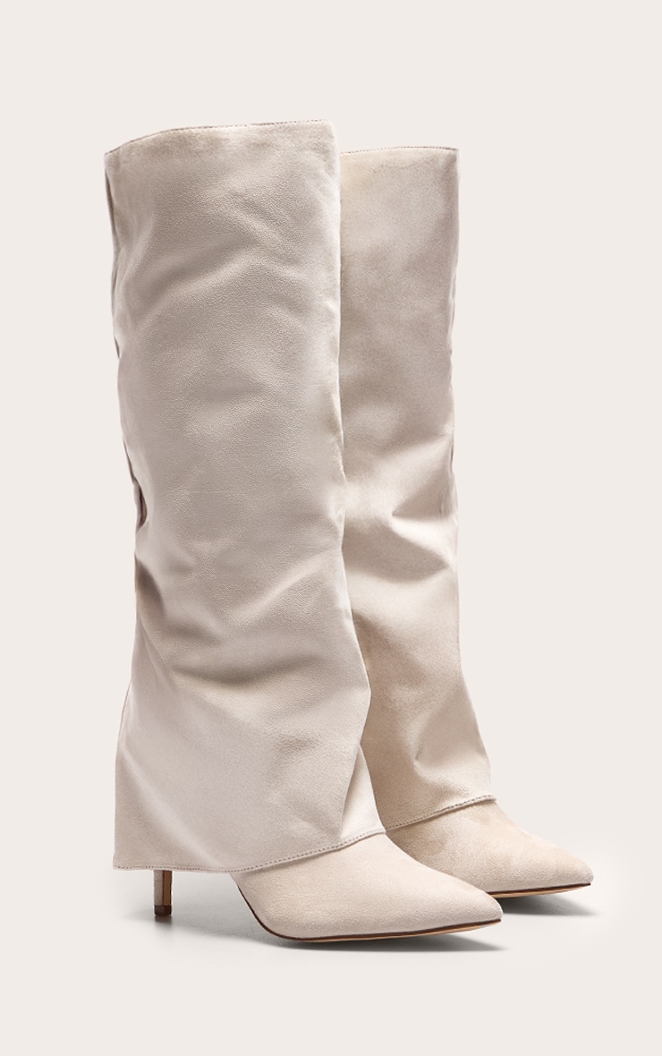 Stone Faux Suede Point Toe Fold Over High Stiletto Knee High Heeled Boots image 2