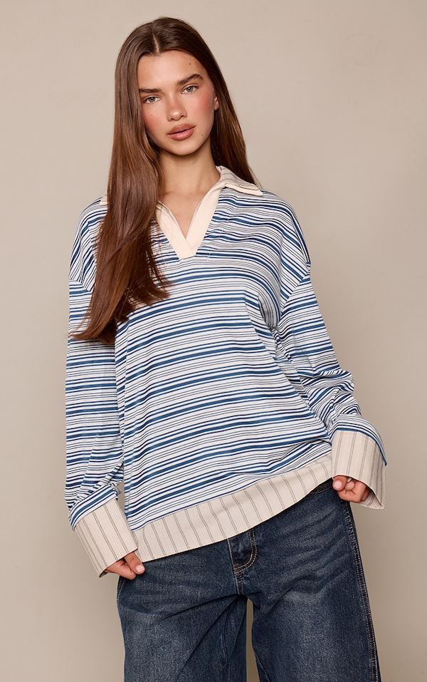 Blue Contrast Stripe Long Sleeve Rugby Style Shirt