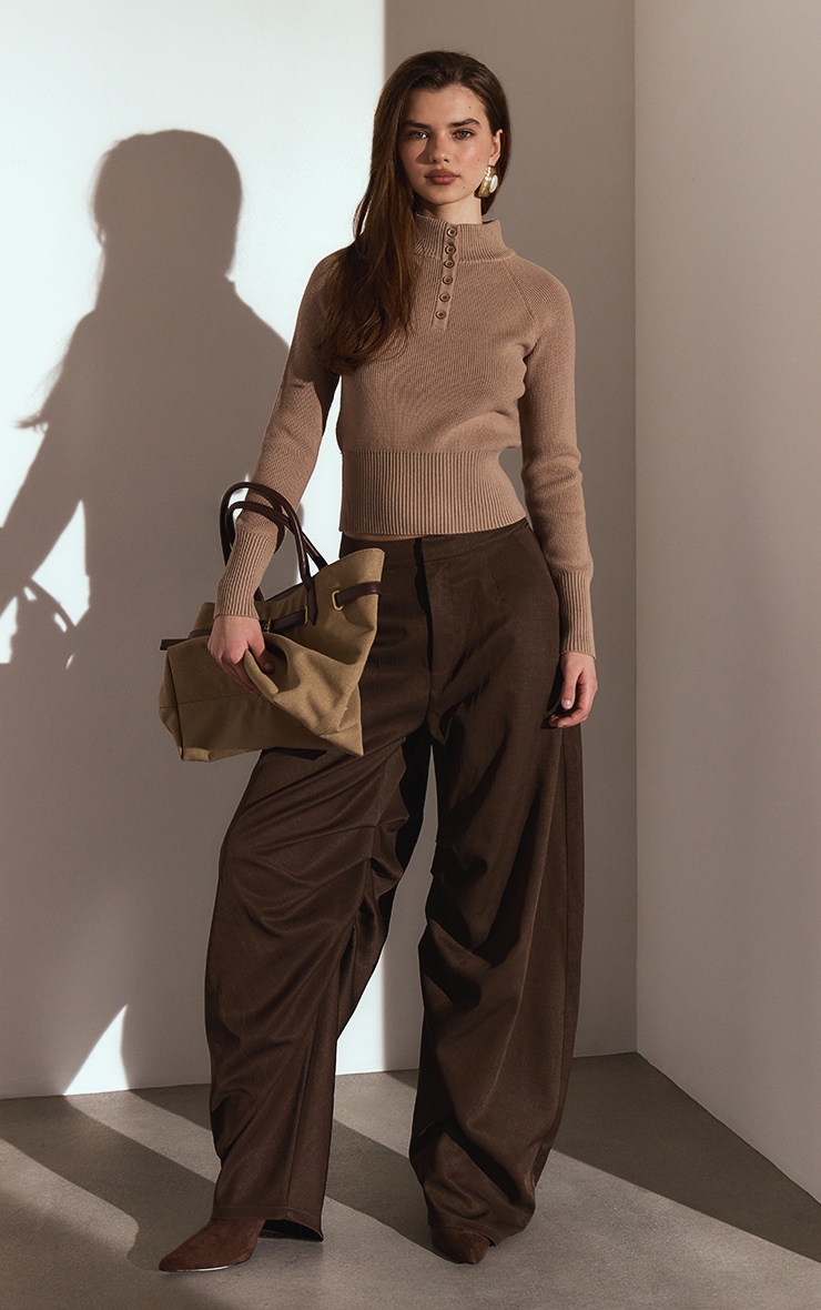 Dark Chocolate Woven Pleated Barrel Leg Trousers image 1