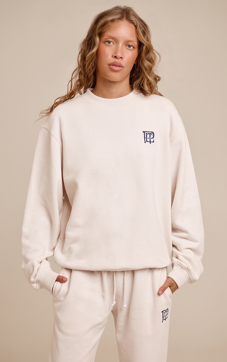 Cream PLT Embroidered Cotton Fleece Oversized Crew Sweatshirt image 1