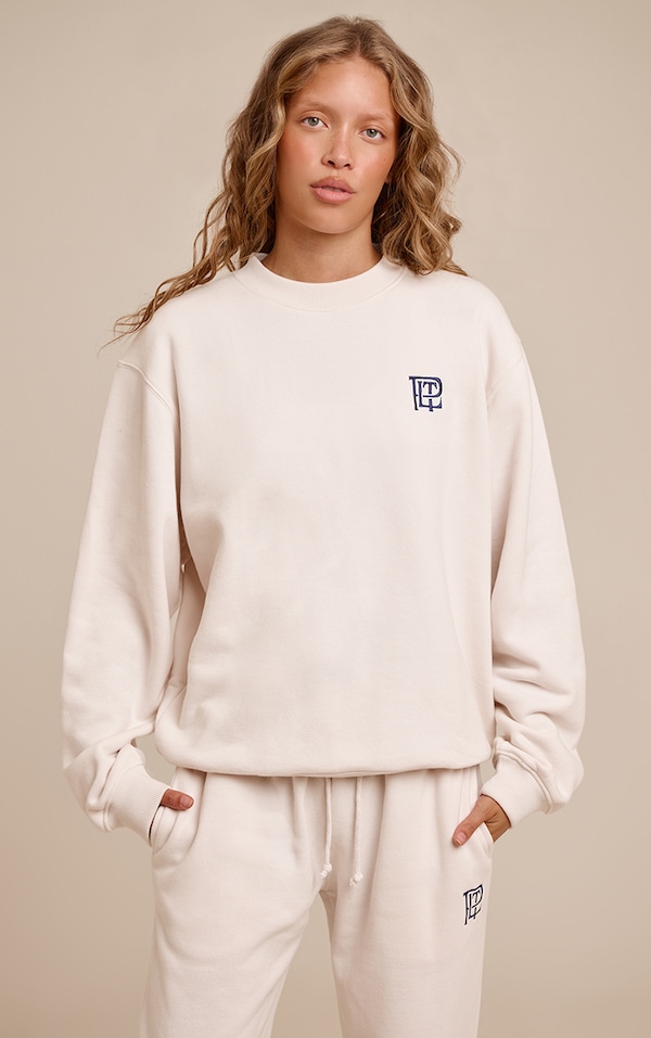 Cream PLT Embroidered Cotton Fleece Oversized Crew Sweatshirt