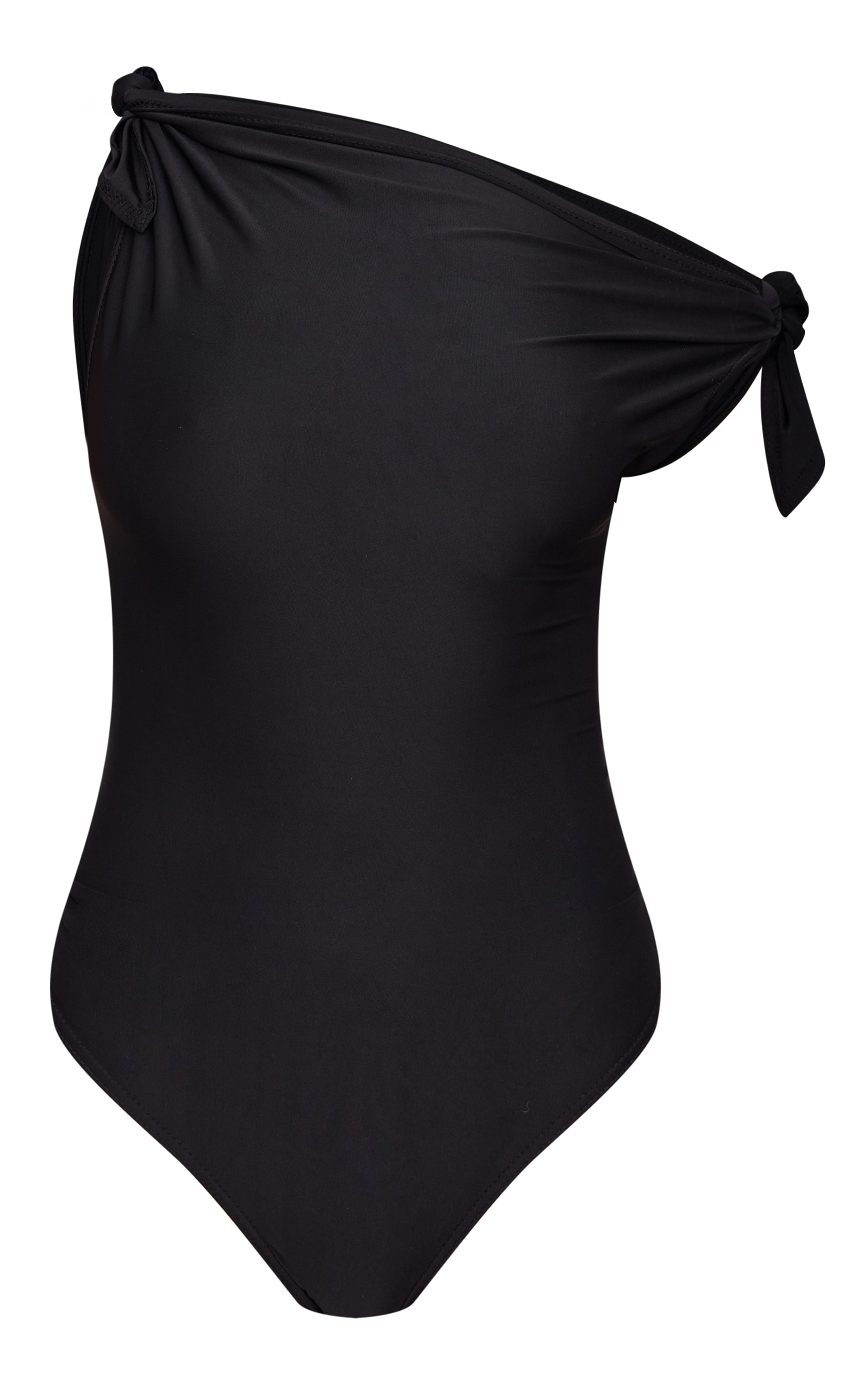 Black Slinky Tie Shoulder Asymmetric Bodysuit image 5