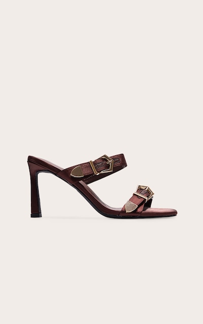 Chocolate Satin Wide Fit Square Toe Buckle Strap High Stiletto Heeled Mules