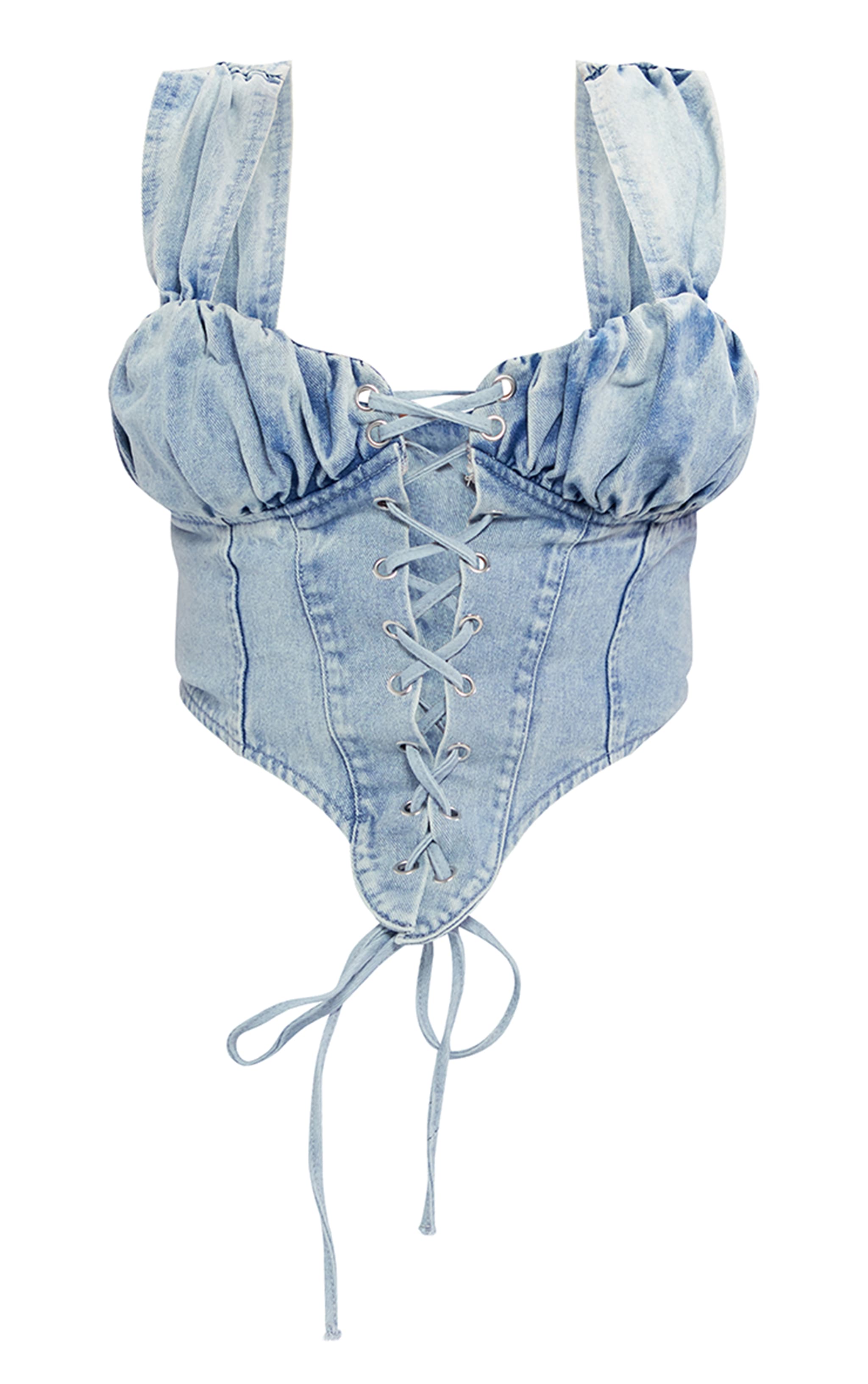 Plus Vintage Bleach Wash Ruched Bust Detail Denim Lace Up Corset image 5