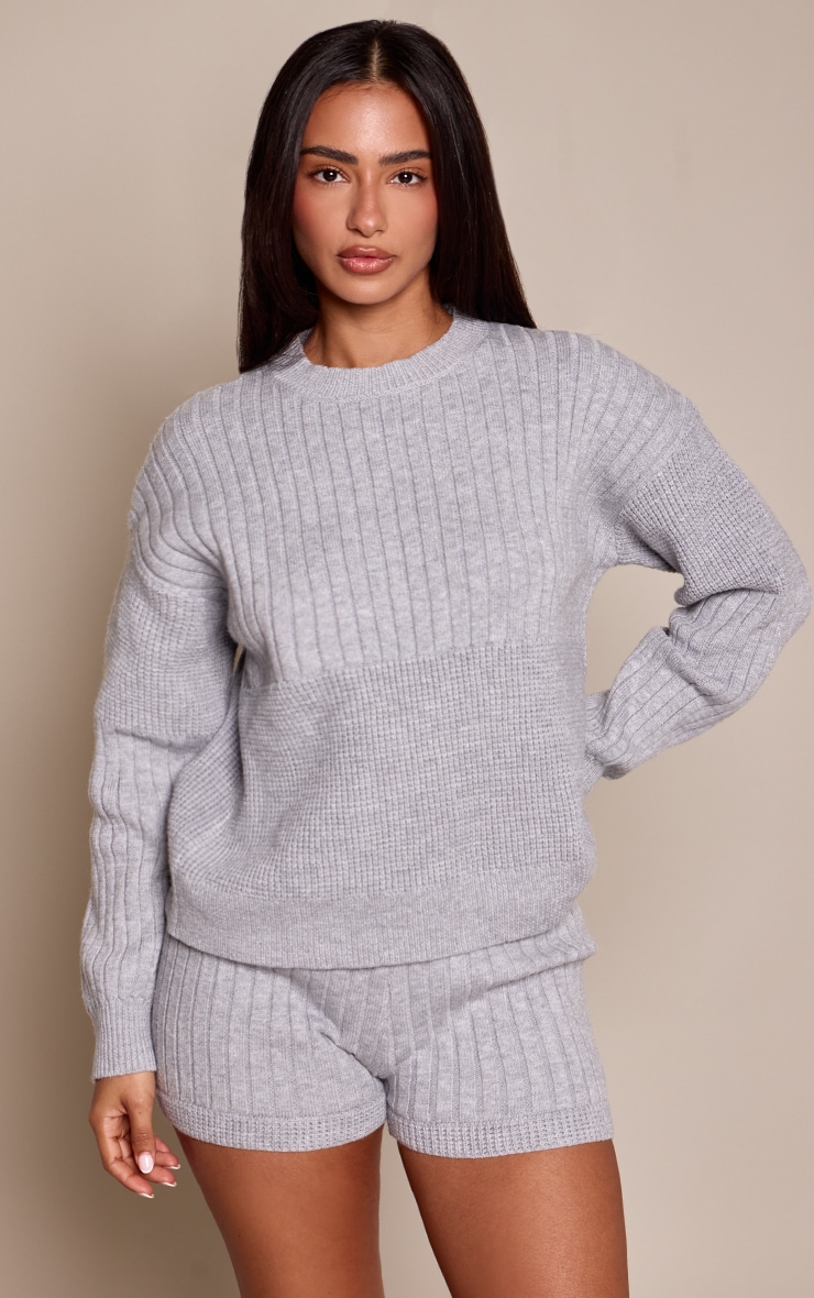 Petite Grey Marl Rib Knit Crew Neck Sweatshirt