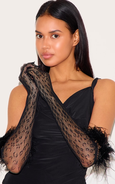 Black Leopard Fishnet Feather Gloves