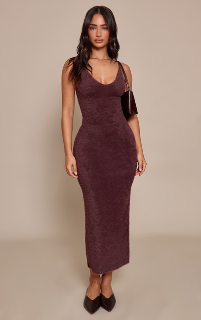 Petite Chocolate Fluffy Knitted Strappy Maxi Dress