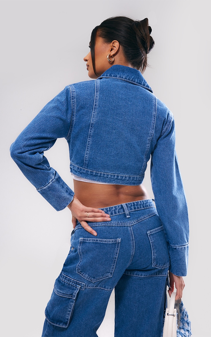 Indigo Blue Wash Deep Cuff Front Crop Denim Jacket PrettyLittleThing AUS