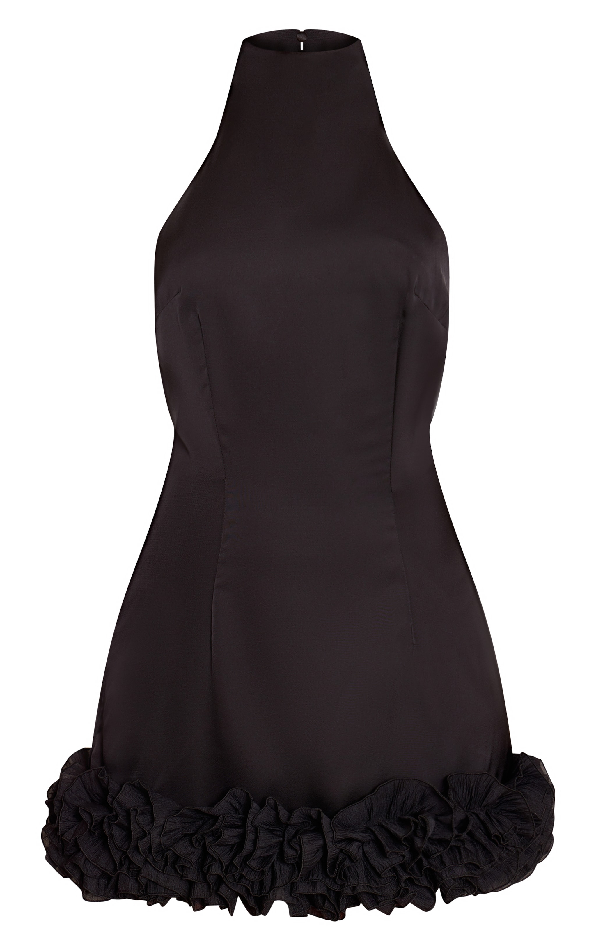 Milky frill mini dress black Black Satin High Neck Frill Detail