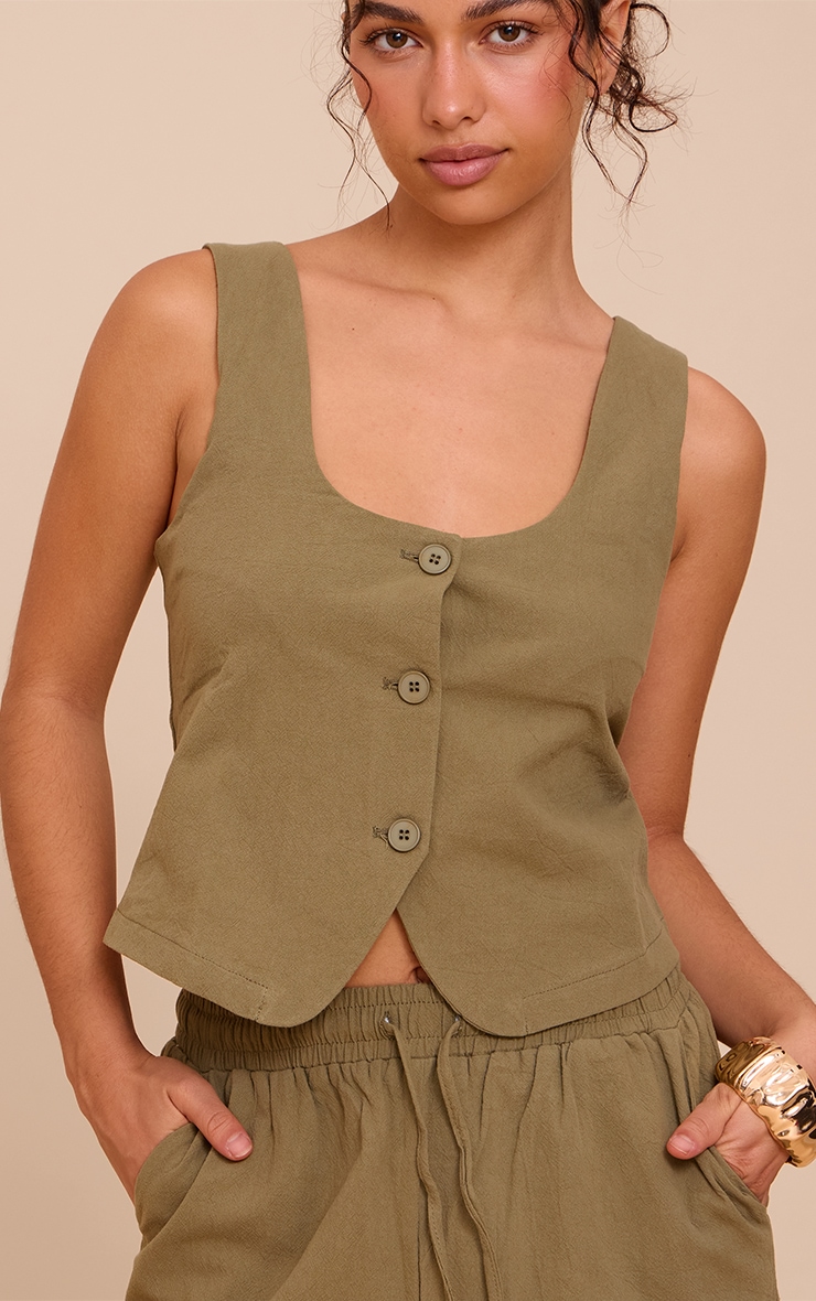 Khaki Tailored Linen Look Scoop Neck Fitted Vest image 4