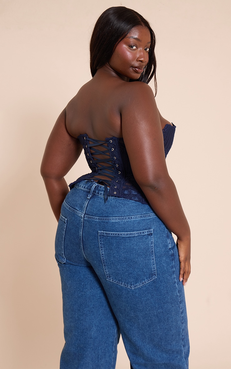 Plus Navy Textured Sheer Floral Lace Corset image 2