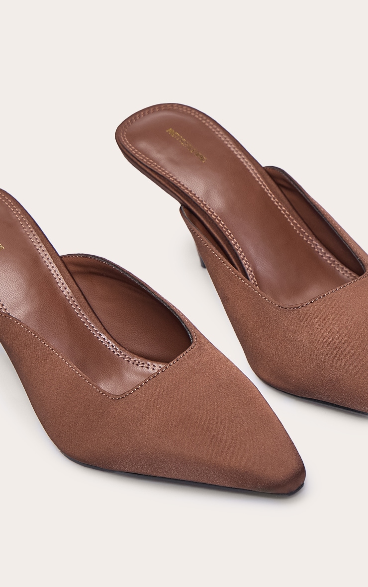 Chocolate Satin Squared Chiseled Toe Court Mules image 5