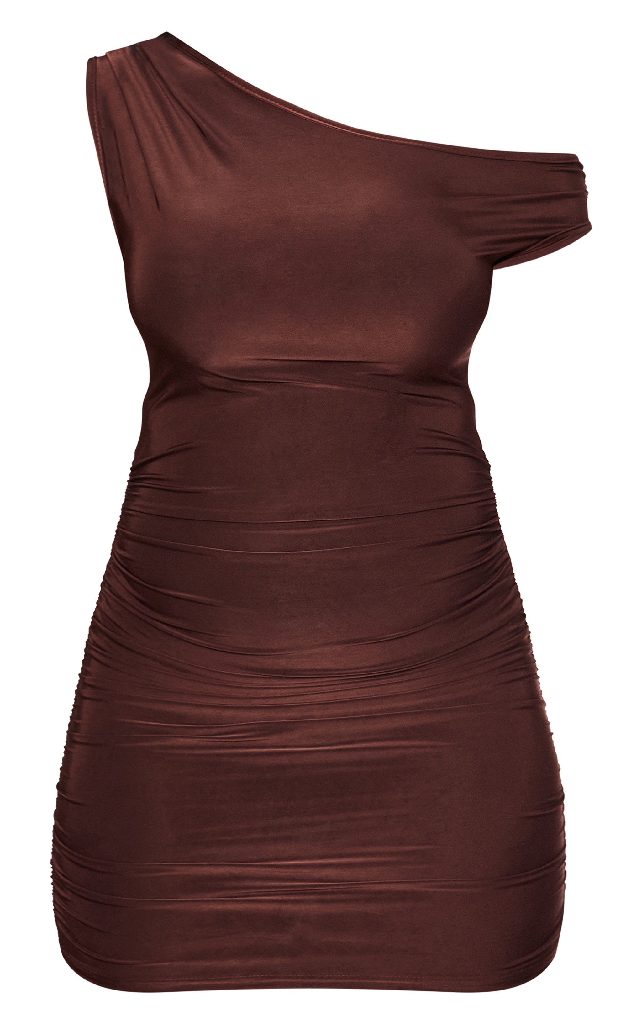 Chocolate Slinky Bardot One Shoulder Cut Out Mini Dress image 5